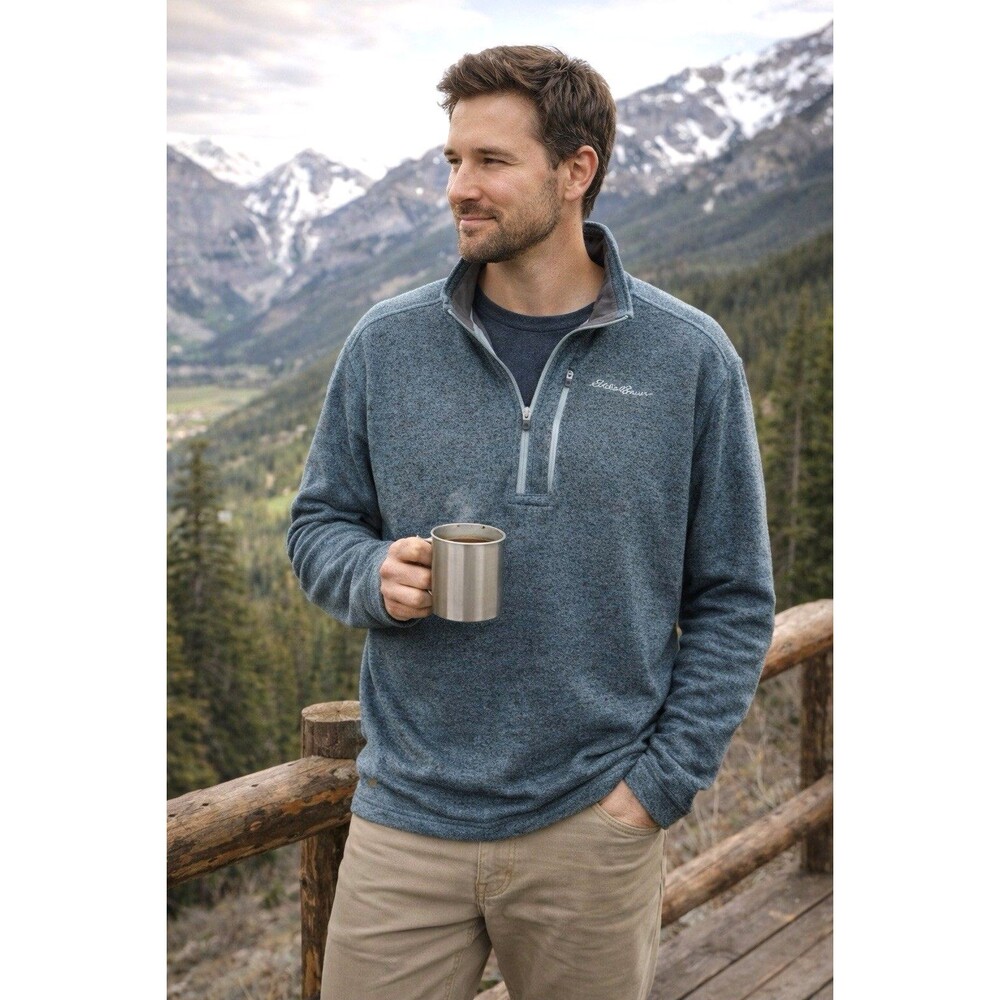 EDDIE BAUER XL Radiator Quarter Zip Fleece Lined Pullover Mock Sweater Blue Ski